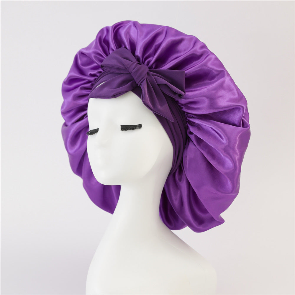 Wide-Brimmed Satin Bonnets with Elastic Ribbon Bow | Solid Color Hairdressing Sleep Cap