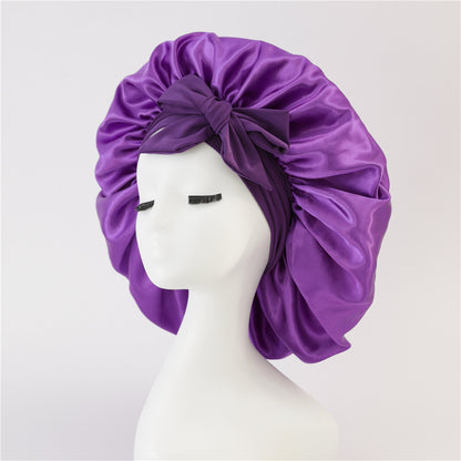 Wide-Brimmed Satin Bonnets with Elastic Ribbon Bow | Solid Color Hairdressing Sleep Cap
