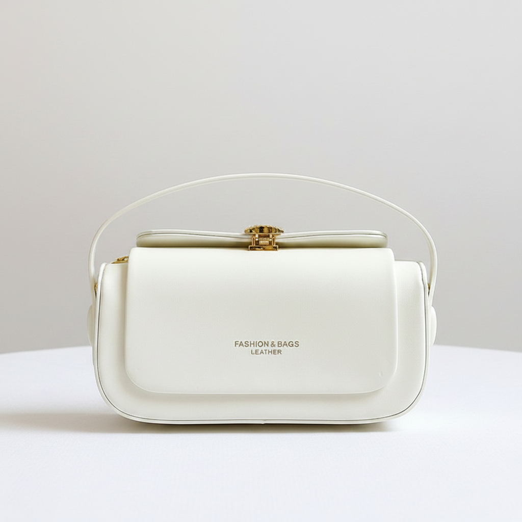 White handbag with gold clasp on a gray surface, labeled 'Fashion & Bags'.