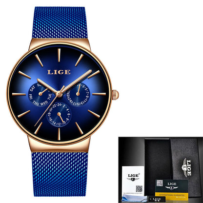 LIGE Men's Luxury Quartz Watch - Slim Mesh Strap Waterproof Business Wristwatch