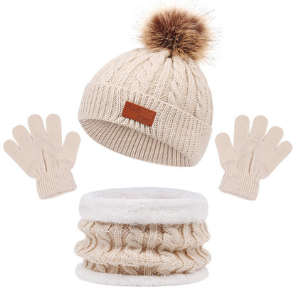 Toddler Autumn Winter Warm Beanie Set with Faux Fur Pom Pom