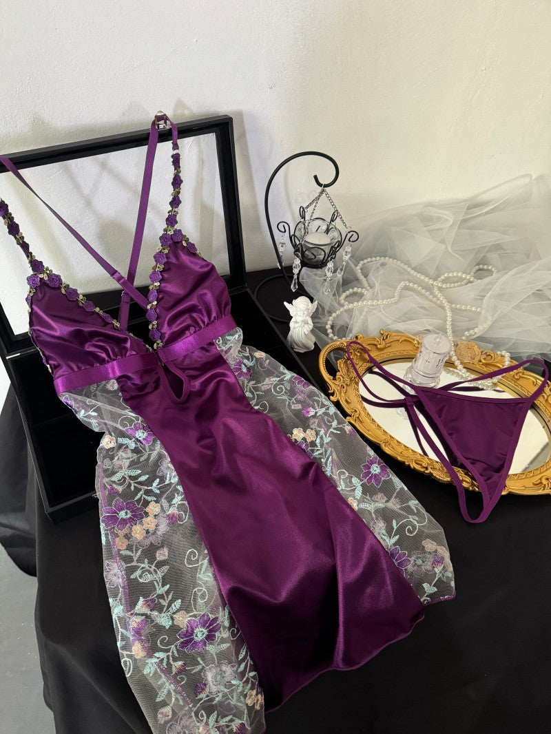 Sensual Silk Spliced Transparent Nightgown - V-neck with Flower Straps