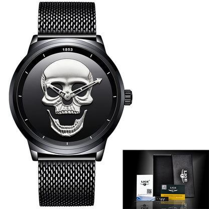 LIGE Men's Creative 3D Skull Watch - Punk Style Stainless Steel Quartz Wristwatch