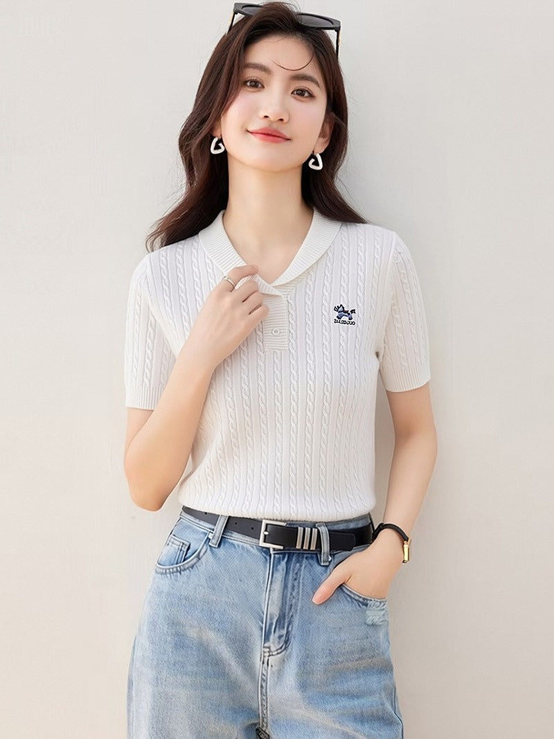 Elegant Flip Collar Cable Knit Blouse - Slim Fit Casual Top for Women