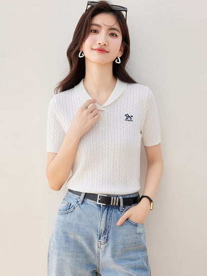 Elegant Flip Collar Cable Knit Blouse - Slim Fit Casual Top for Women