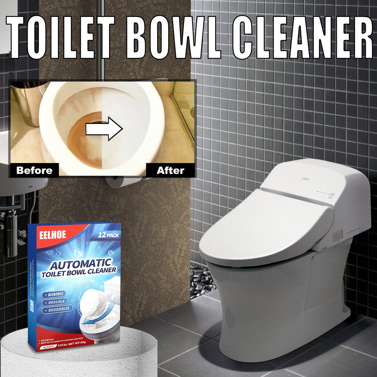 12-Pack Automatic Toilet Bowl Cleaner Tablets – Deep Descaling & Deodorizing Effervescent Tablets