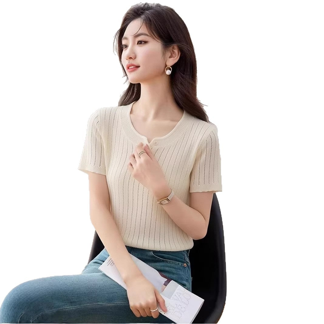 Women's Ice Silk Knit T-Shirt - Regular Shoulder Elegant Summer Top