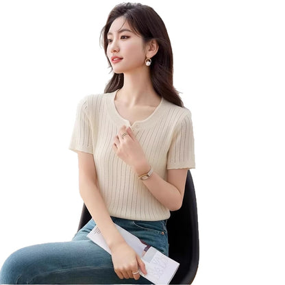 Women's Ice Silk Knit T-Shirt - Regular Shoulder Elegant Summer Top