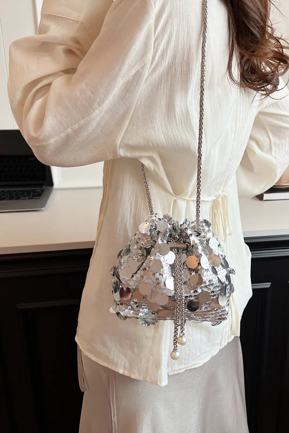 Shimmering Drawstring Sequin Pouch Crossbody Bag