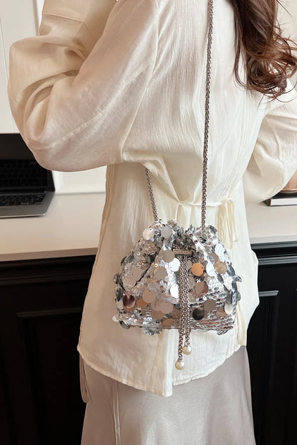 Shimmering Drawstring Sequin Pouch Crossbody Bag