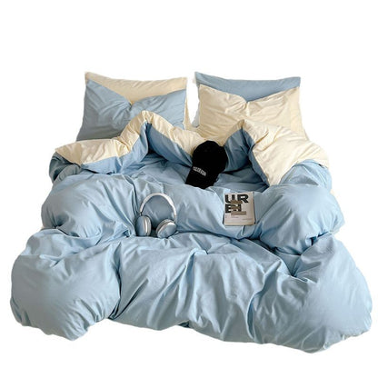 Premium Washed Cotton Double-Spliced Bedding Set – Soft Sky Blue & Cream 4-Piece Duvet Cover Set for Dormitory & Home