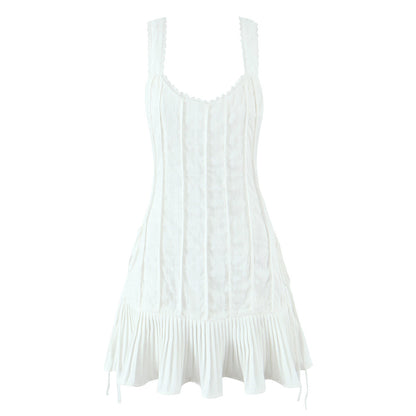 Trendy Scoop Neck Camisole Dress with Pleated Hem - Casual White Sundress
