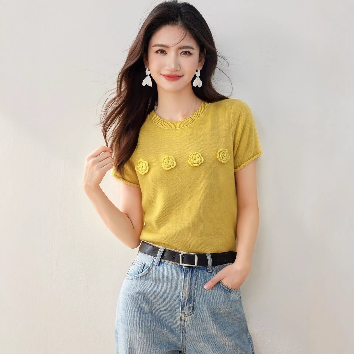 Women's Unique 3D Floral Knit Blouse - Chic Short Sleeve Yellow Top