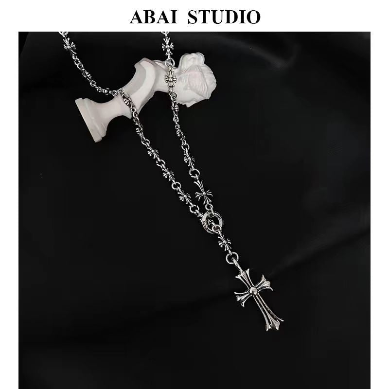 Ornate Silver Tone Cross Pendant Rosary Style Necklace