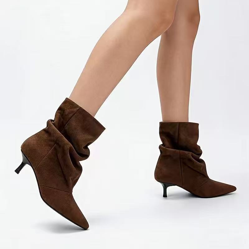 Women's Pleated Mid-Calf Boots - Pointed Toe Medium Kitten Heel Velvet Boots