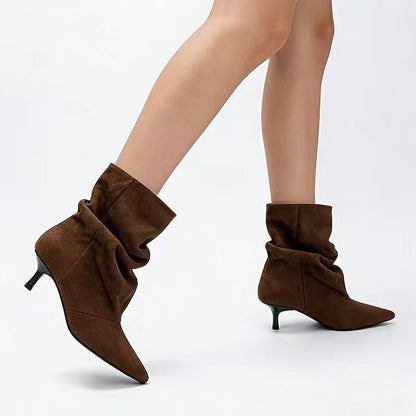 Women's Pleated Mid-Calf Boots - Pointed Toe Medium Kitten Heel Velvet Boots