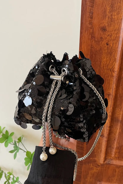 Shimmering Drawstring Sequin Pouch Crossbody Bag