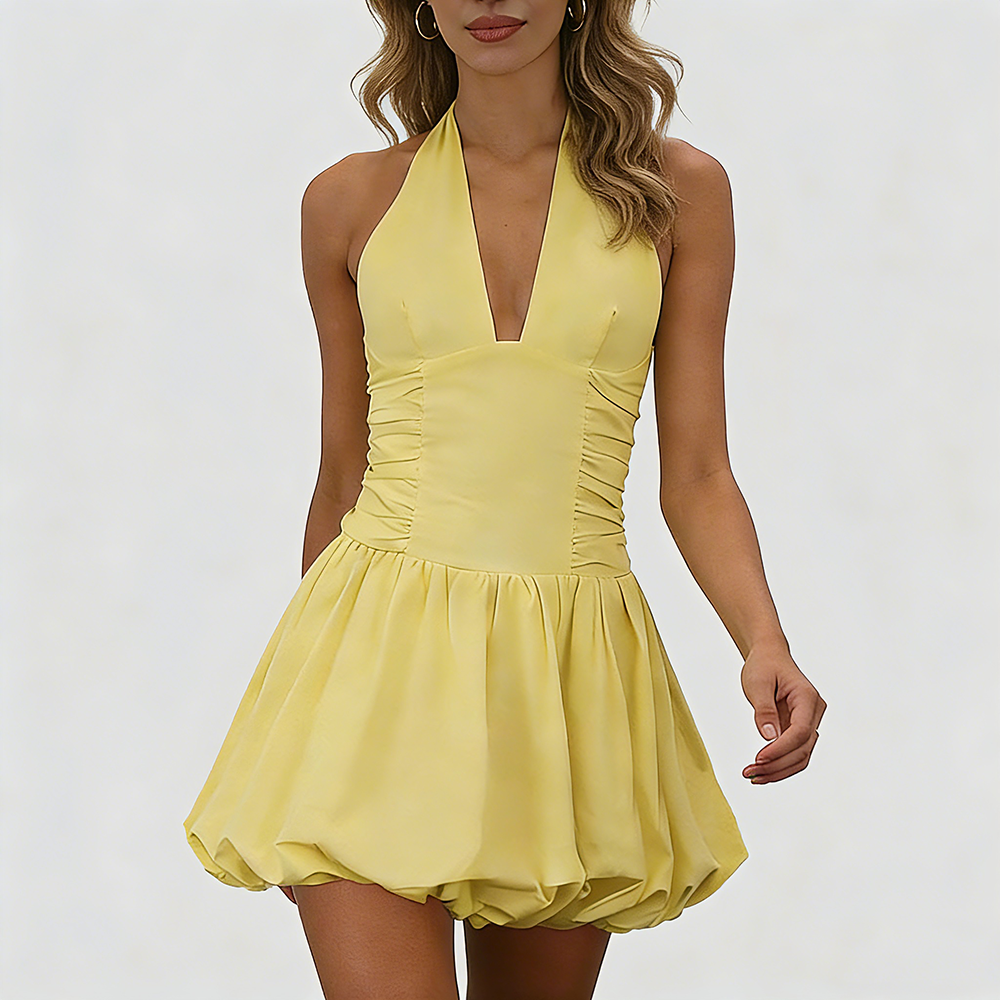 Sexy Deep V Backless Halter Mini Dress – Chic Yellow Bubble Hem Party Dress for Women