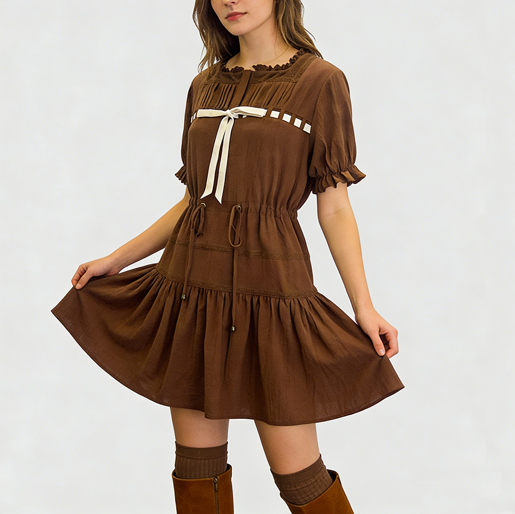 Elegant French Style Velvet Lace Mini Dress with Bow Waist