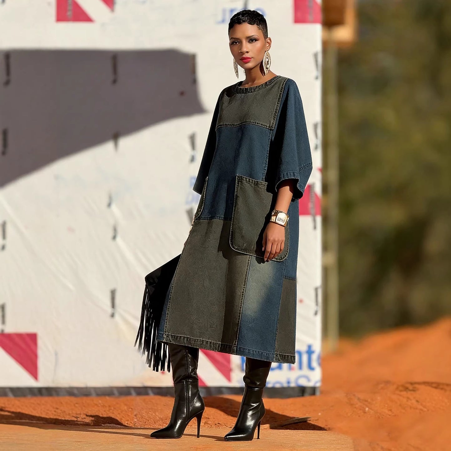 Women's Loose Denim Dress with Pockets and Asymmetrical Hem