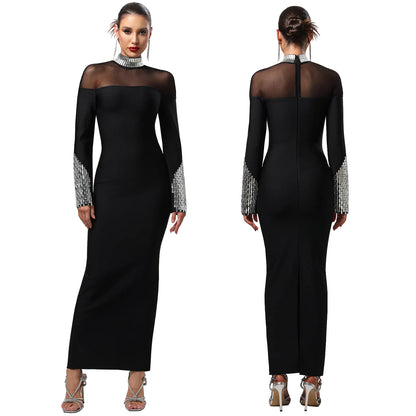 Elegant High-Neck Long Sleeve Maxi Dress – Glamorous Sheer Mesh Detail Sequined Party Gown for Women