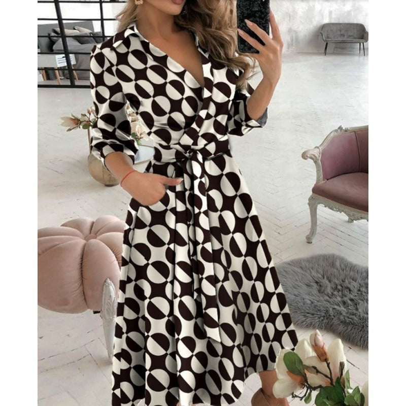 Elegant V-Neck Wrap Midi Dress - Chic Long Sleeve Office & Party Wear for Women