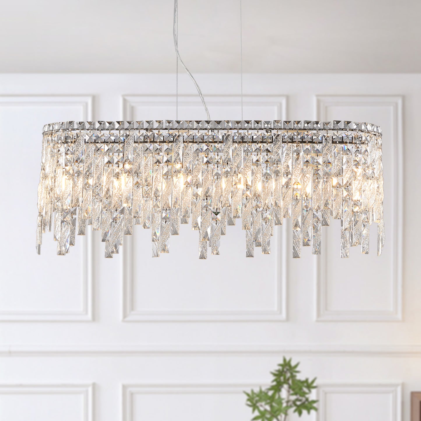 Luxury Modern Silver Oval Crystal Pendant Light - Elegant Chandelier for Living & Dining Room