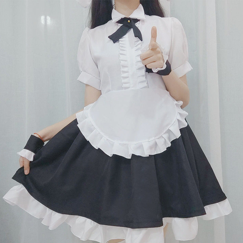Cute Gothic Lolita Maid Dress - Playful Black & White Tuxedo Style Fluffy Mini Skirt with Bunny Ears
