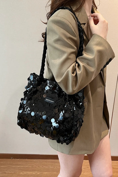Sparkly Silver Sequin Bag with Braided Shoulder Strap (Hobo Style)
