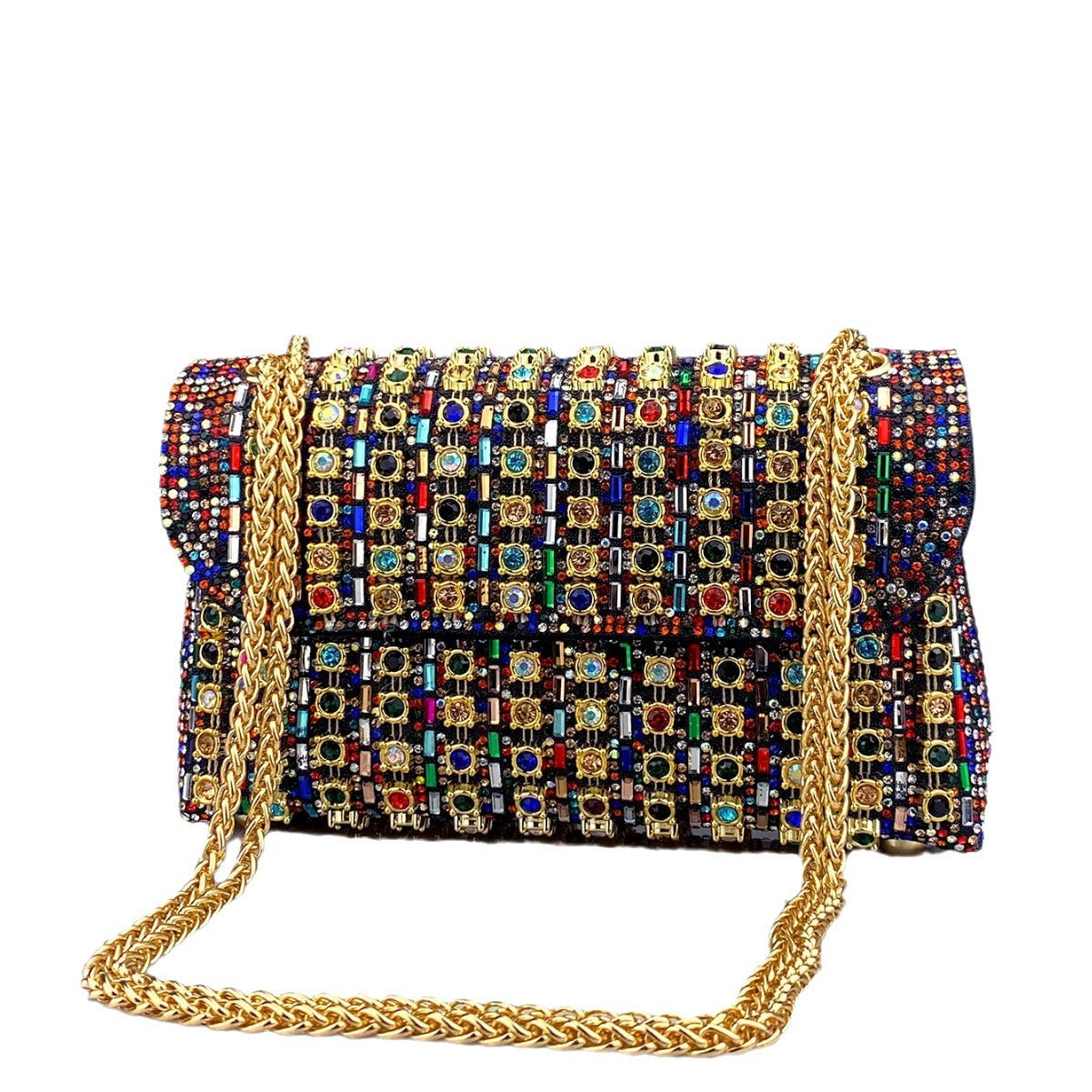 Elegant Black and Gold Chain-Adorned Evening Clutch Bag with Long Strap