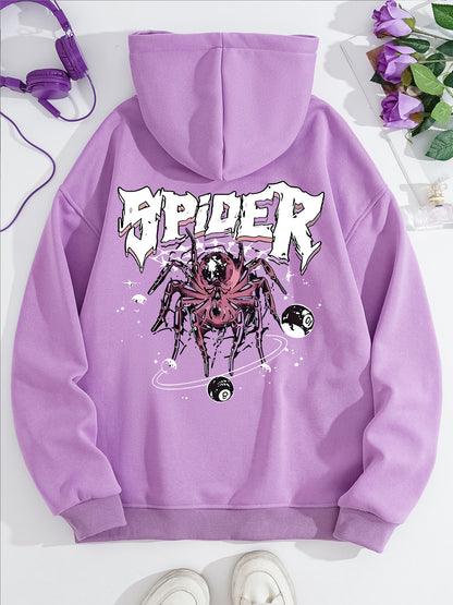 Grunge Spider Graphic Print Hoodie | Oversized Lavender Pullover for Streetwear