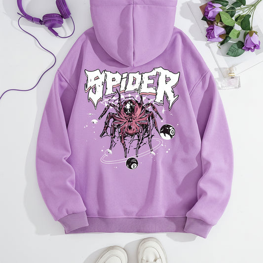 Grunge Spider Graphic Print Hoodie | Oversized Lavender Pullover for Streetwear