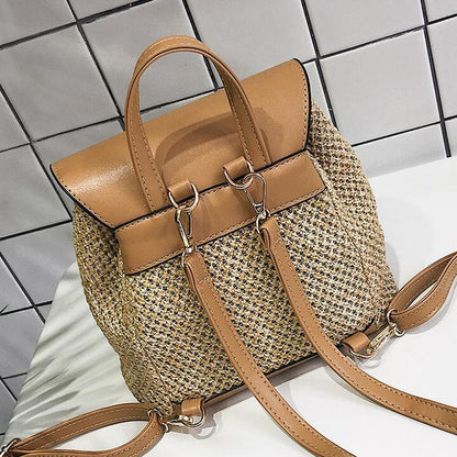 Women's Straw Splicing Leather Backpack - Leisure Beach Shoulder Bag & Rucksack for Teenage Girls