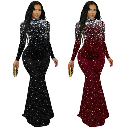 Sexy Black Mesh Rhinestone Mini Dress – Sparkling Long Sleeve Bodycon Party Outfit for Women