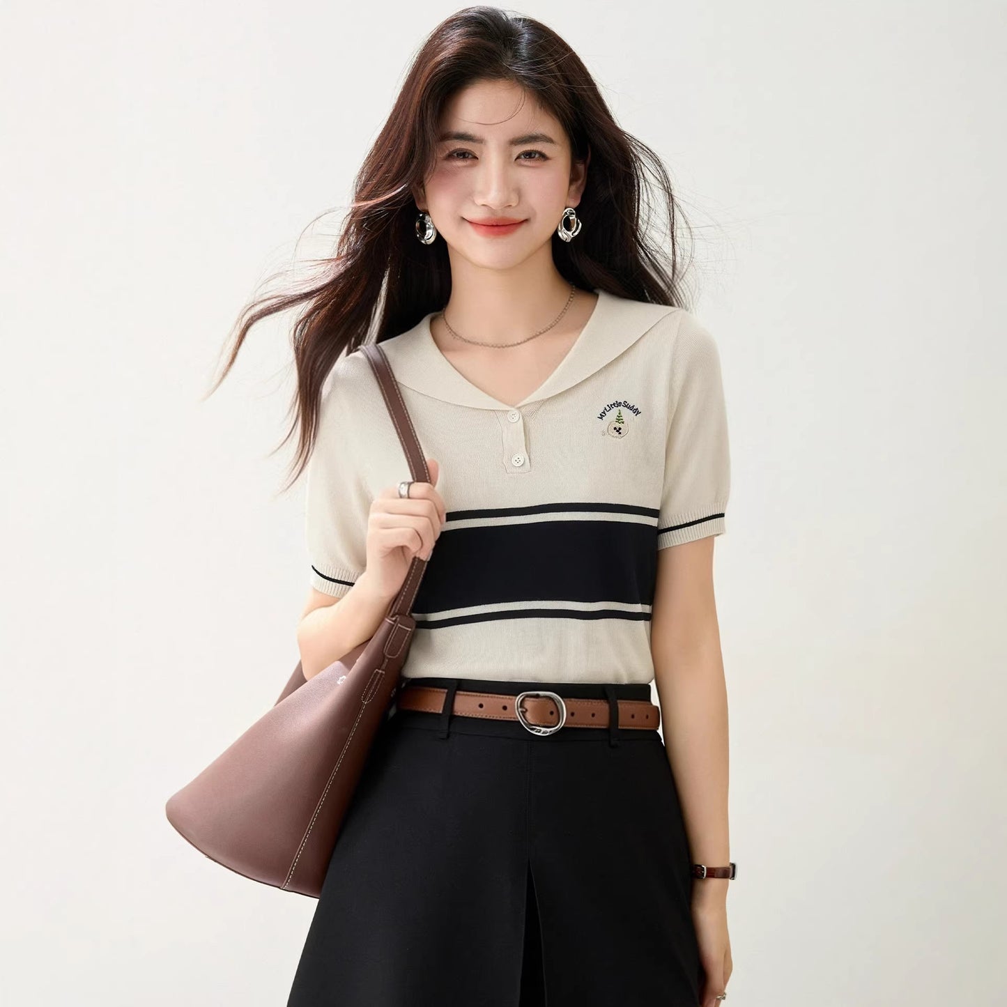 Women's Navy Collar Striped Knit Shirt - Retro Casual Short Sleeve Top