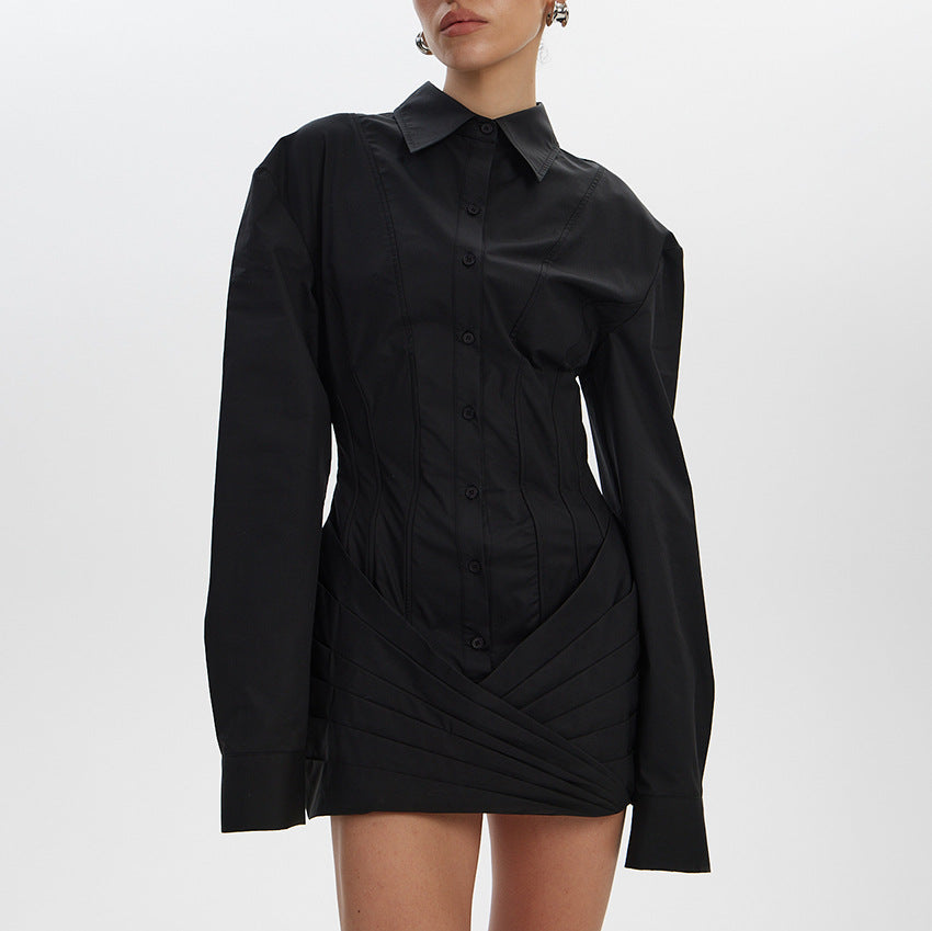 Trendy Long Sleeve White Shirt Mini Dress - Slim Fit Ruched Waist Bodycon Dress for Women