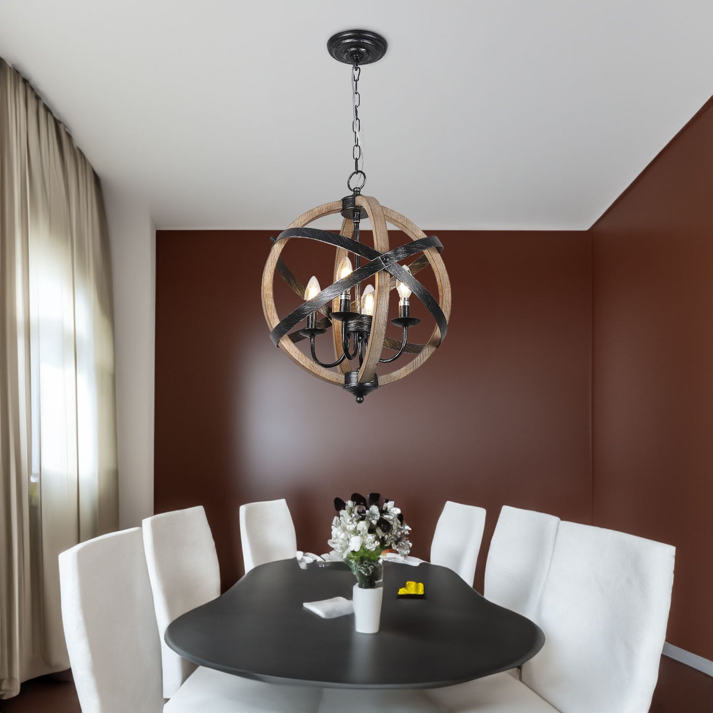 Rustic Farmhouse Orb Chandelier – 4-Light Vintage Wood & Metal Globe Pendant for Dining Room