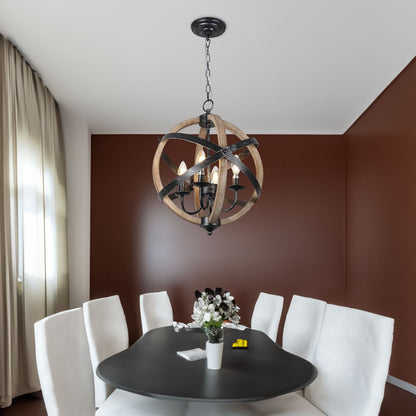 Rustic Farmhouse Orb Chandelier – 4-Light Vintage Wood & Metal Globe Pendant for Dining Room