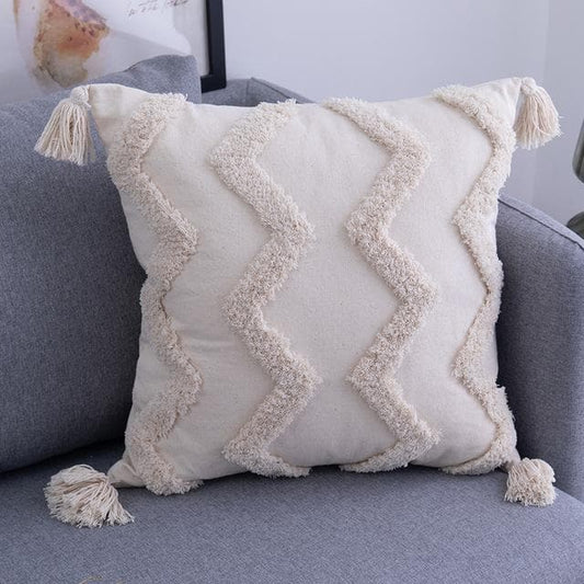 Handmade Boho Tufted Cushion Cover – Decorative Textured Pillowcase with Tassels for Sofa & Bedroom