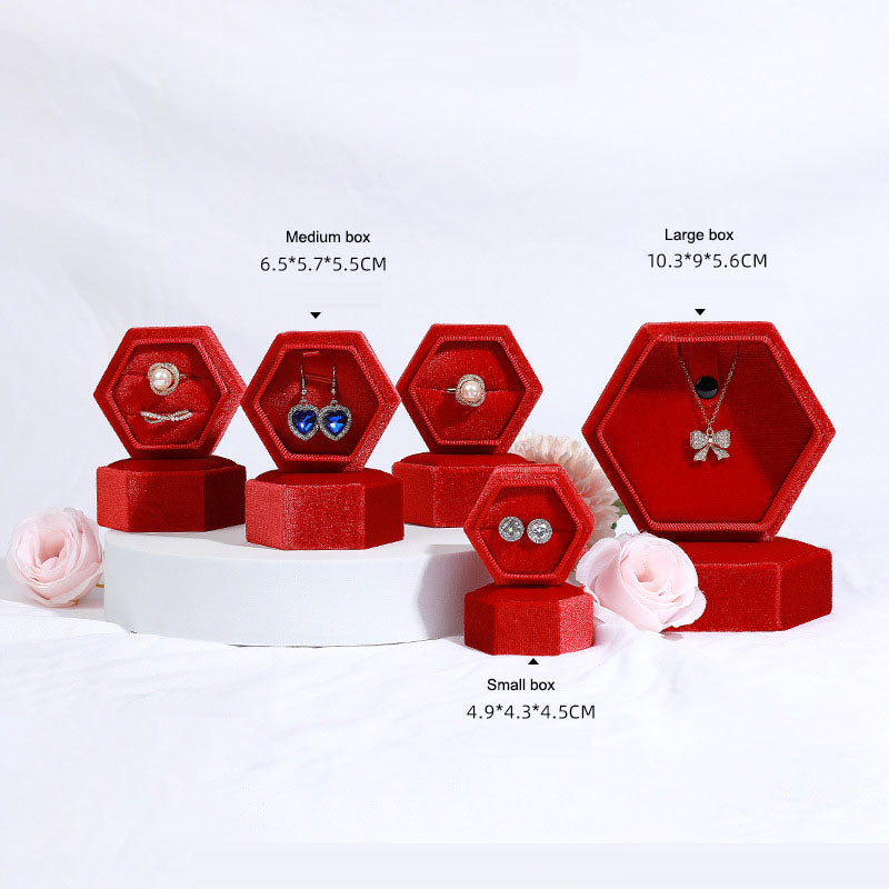 Hexagonal Velvet Jewelry Box - High-End Korean Ring & Earring Gift Box