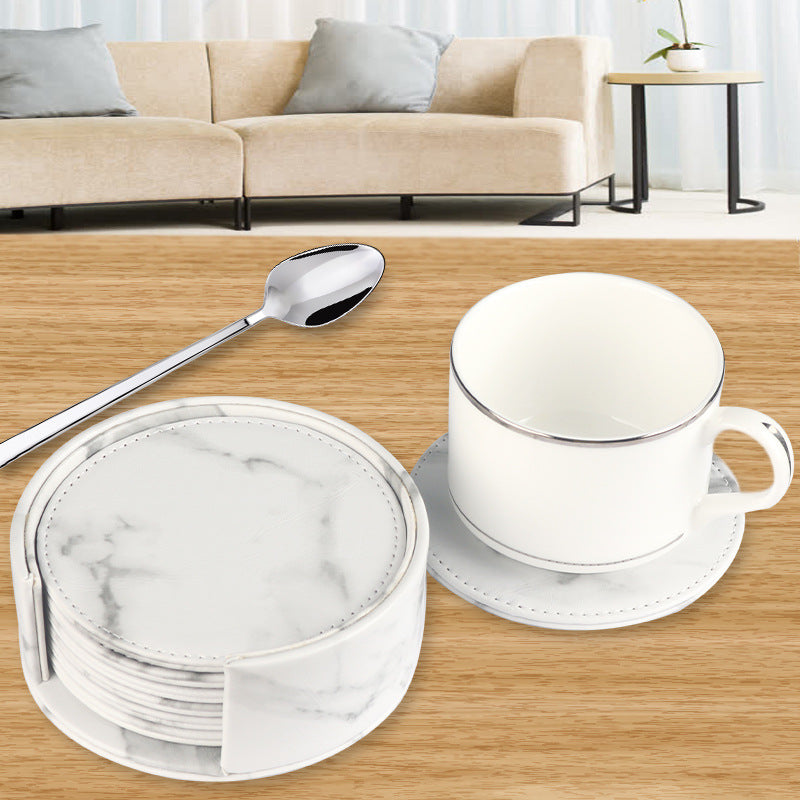 Elegant Round Marble Print Leather Coasters | Heat-Resistant Drink Mats for Home & Office