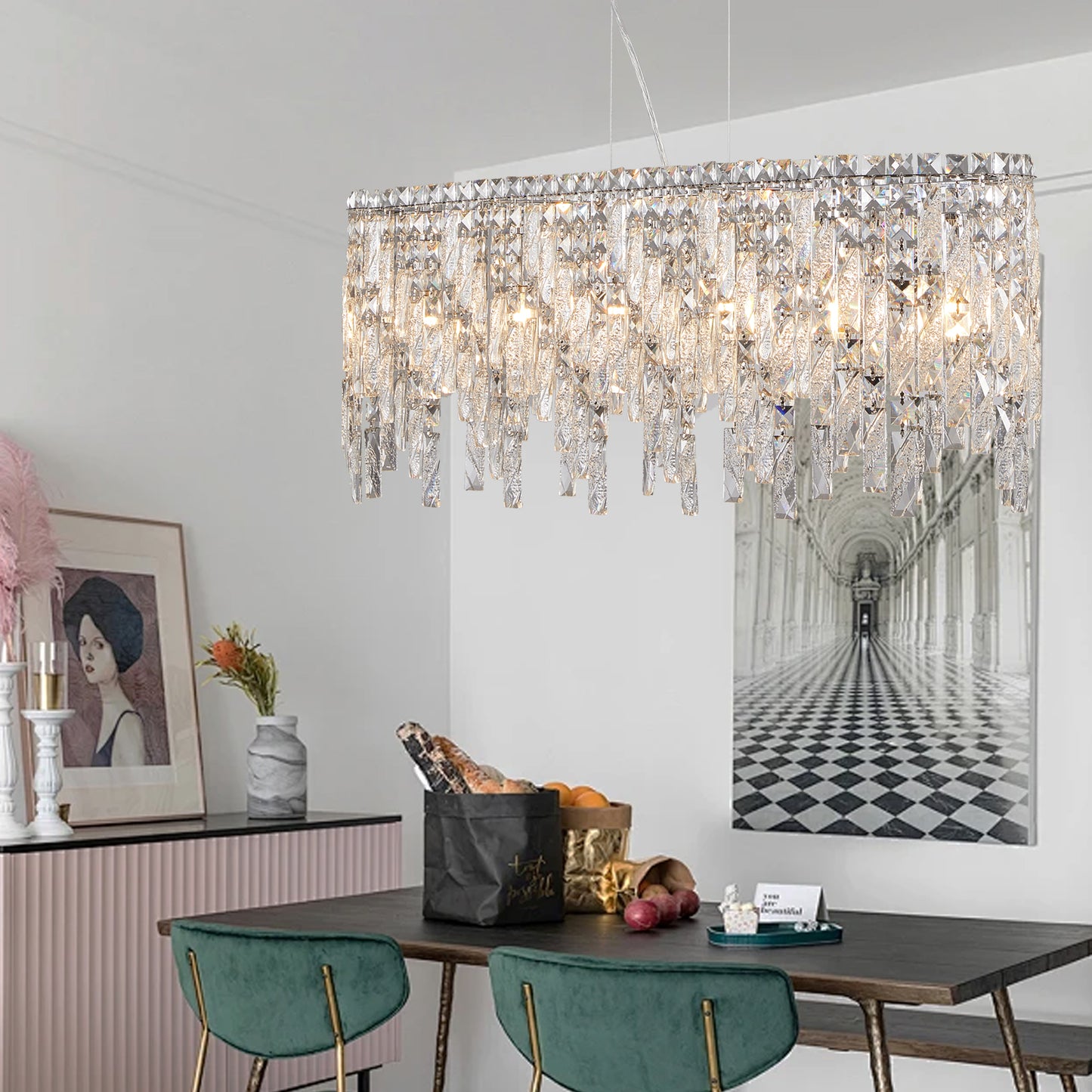 Luxury Modern Silver Oval Crystal Pendant Light - Elegant Chandelier for Living & Dining Room