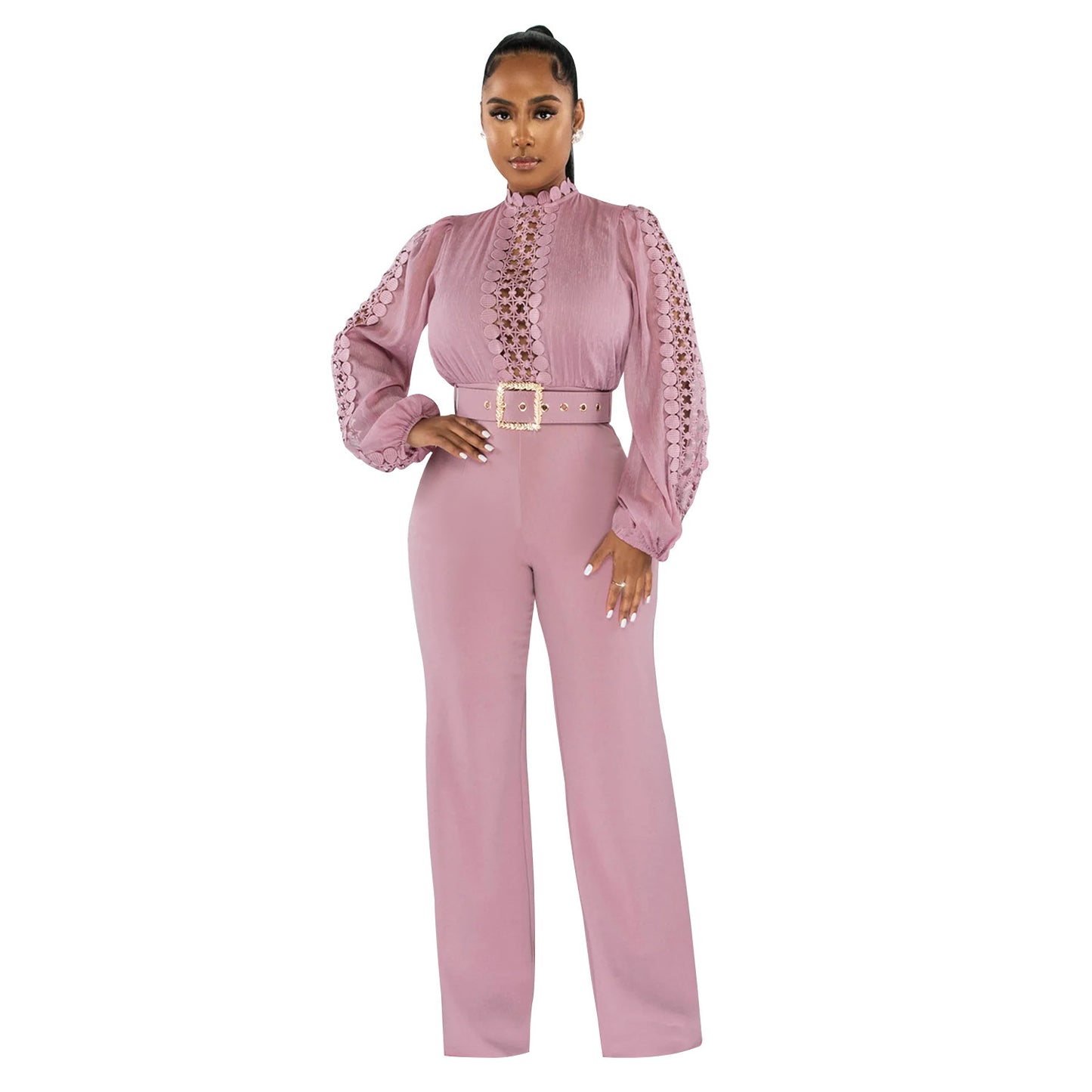 Chic Solid Color Long Sleeve Belted Jumpsuit - Elegant Ruffle Cut-out Party Trousers