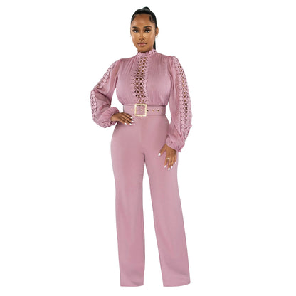 Chic Solid Color Long Sleeve Belted Jumpsuit - Elegant Ruffle Cut-out Party Trousers