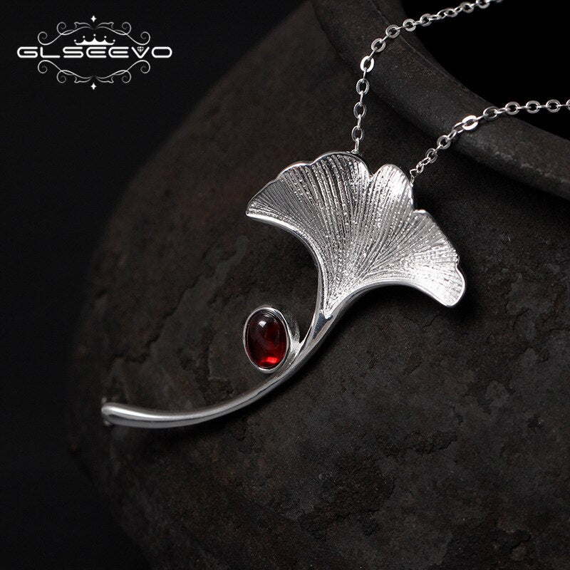 Luxury 925 Sterling Silver Ginkgo Biloba Leaf Brooch with Natural Garnet / Fine Jewellery Pin for Women