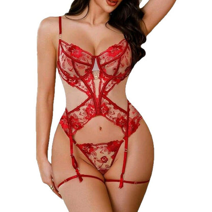 Sexy Red Bra Set - Transparent Mesh Splicing Lace Lingerie Three-Piece Suit