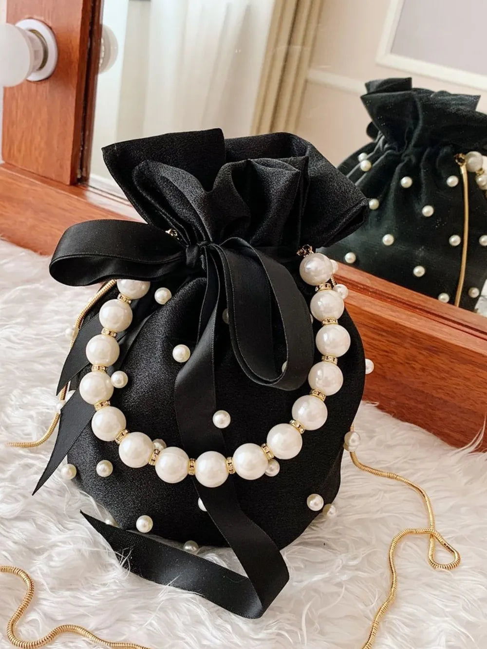 Elegant Pearl Embellished Solid Color Bucket Bag (Drawstring)