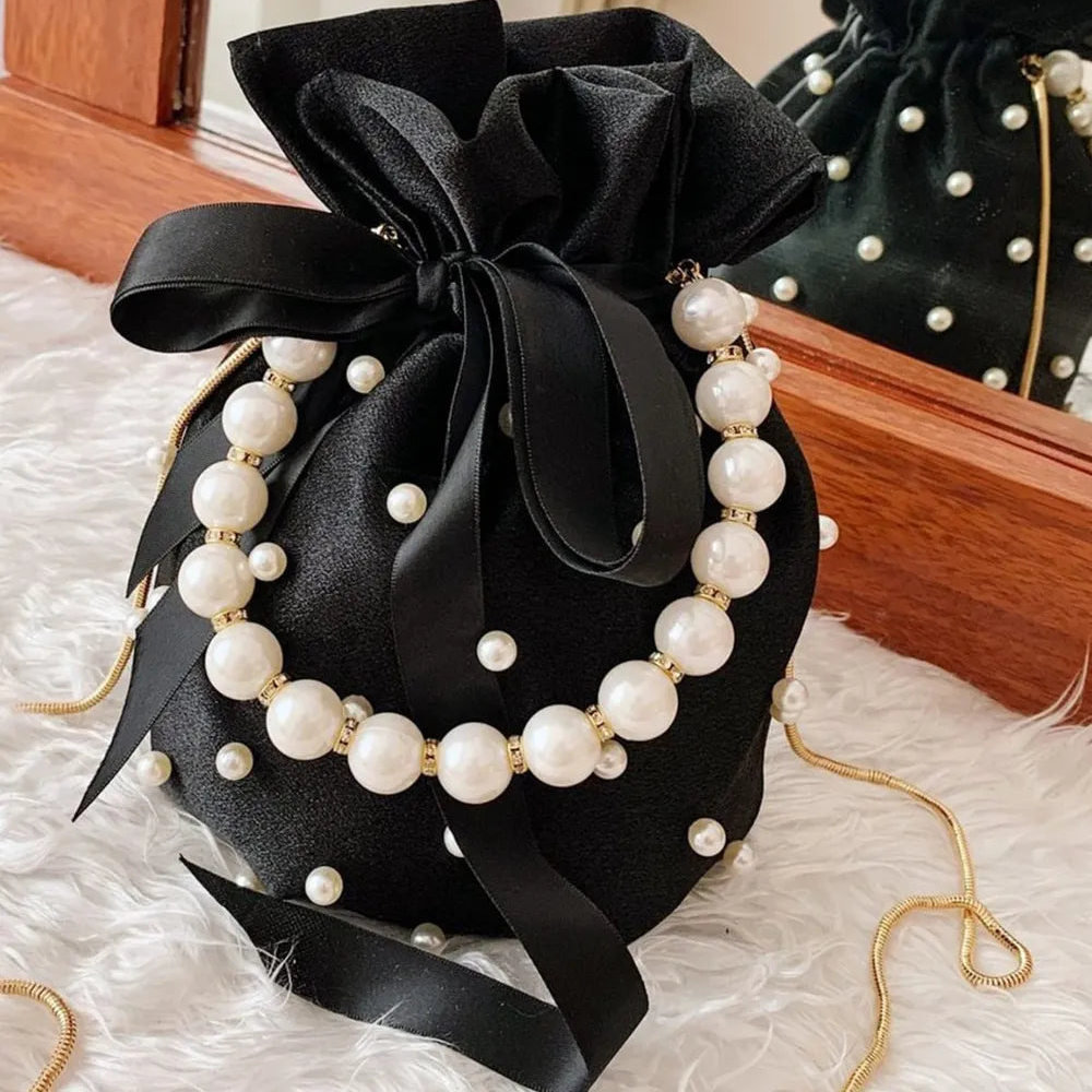 Elegant Pearl Embellished Solid Color Bucket Bag (Drawstring)