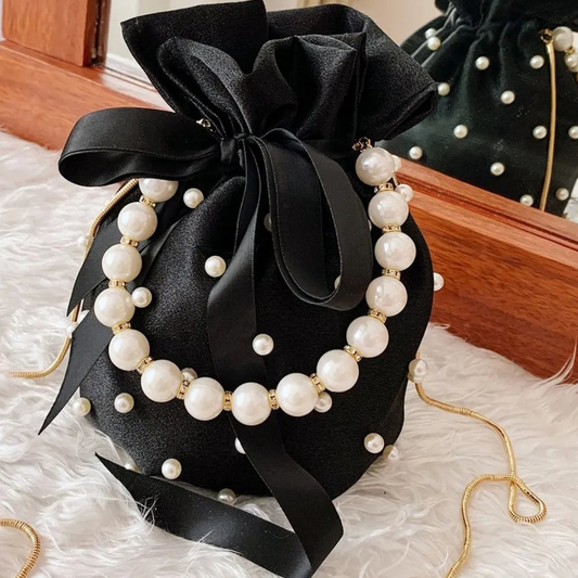 Elegant Pearl Embellished Solid Color Bucket Bag (Drawstring)