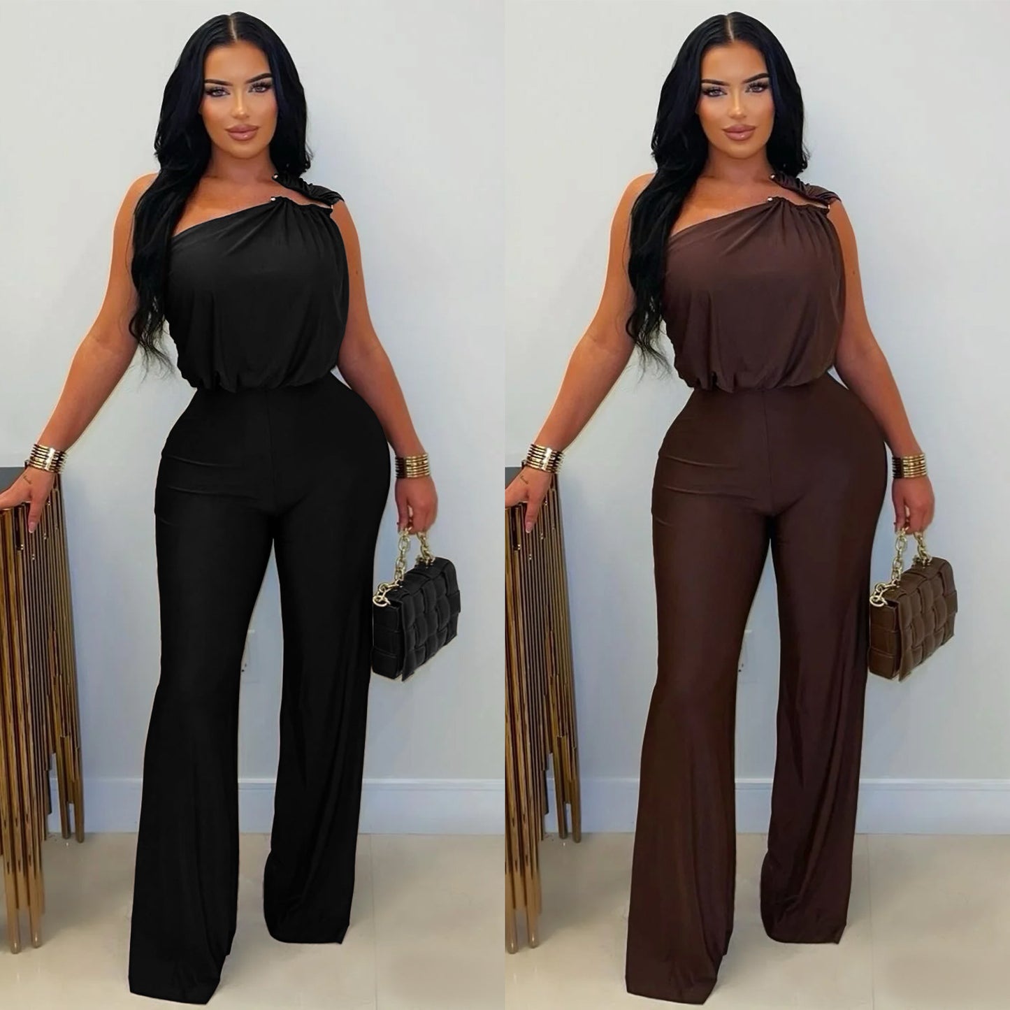 Chic One-Shoulder Wide-Leg Jumpsuit – Elegant Sleeveless Bodycon Romper for Women